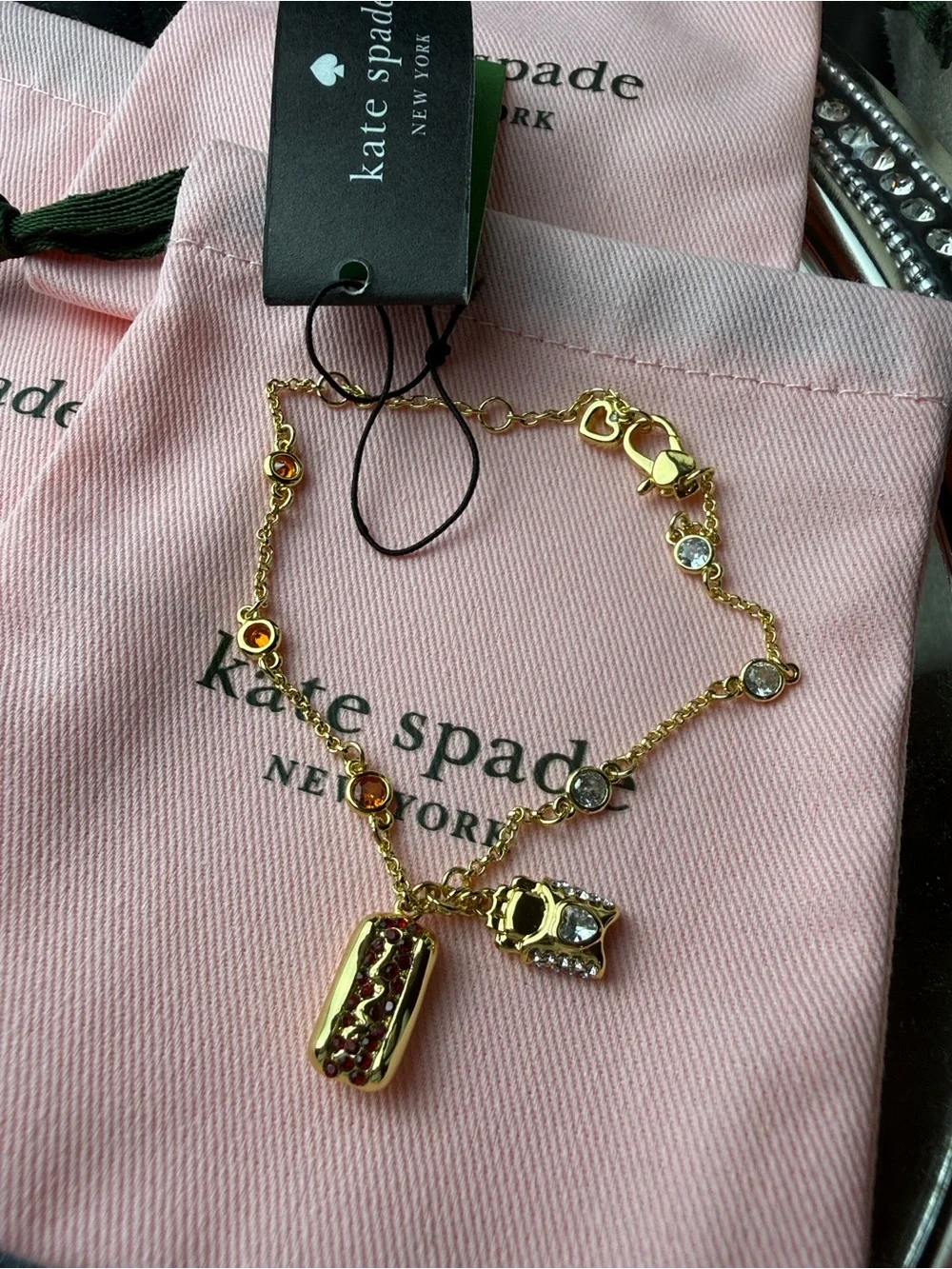 kate spade Gold-Tone hot dog and french fries Charm Bracelet with Red and Clear